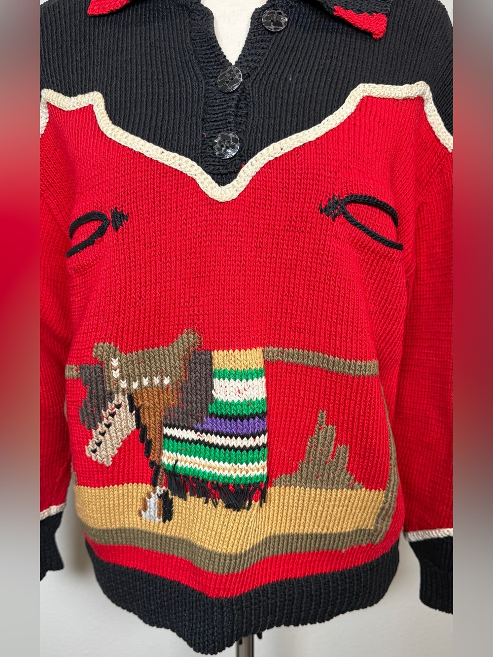 Vintage 80’s Berek Label Cowboy Rodeo Western Hand Knit Sweater Red Black Medium - Picture 4 of 15